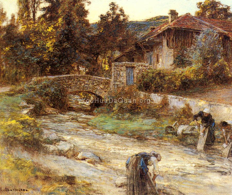 Washerwomen at a Stream with Buildings beyond - 莱昂·奥古斯汀·莱尔米特